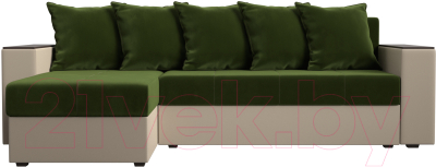 Диван угловой Лига Диванов Дубай лайт левый (микровельвет зеленый/экокожа бежевый)