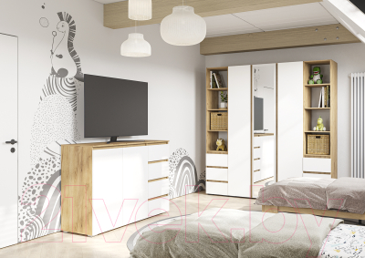 Шкаф Стендмебель Хелен ШК 02 3-х створчатый с зеркалом (белый/дуб крафт золотой)