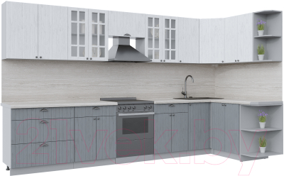 Кухонный гарнитур Интерлиния Берес 1.5x3.6 правая (дуб полярный/дуб серый/травертин серый) - фото