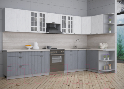 Кухонный гарнитур Интерлиния Берес 1.5x3.6 правая (дуб полярный/дуб серый/травертин серый)