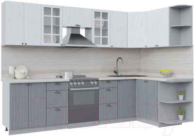 Кухонный гарнитур Интерлиния Берес 1.5x3.0 правая (дуб полярный/дуб серый/травертин серый) - фото
