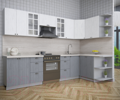 Кухонный гарнитур Интерлиния Берес 1.5x3.0 правая (дуб полярный/дуб серый/травертин серый)