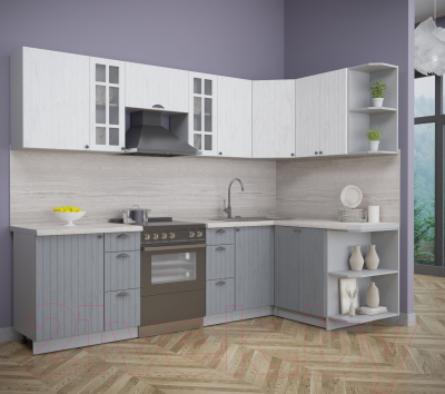 Кухонный гарнитур Интерлиния Берес 1.5x2.7 правая (дуб полярный/дуб серый/травертин серый)