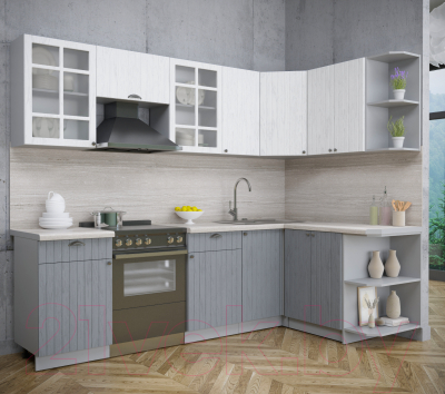 Кухонный гарнитур Интерлиния Берес 1.5x2.6 правая (дуб полярный/дуб серый/травертин серый)