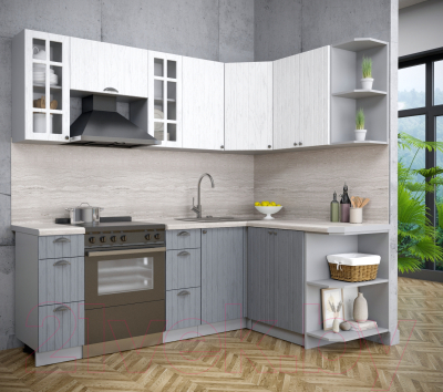 Кухонный гарнитур Интерлиния Берес 1.5x2.2 правая (дуб полярный/дуб серый/травертин серый)