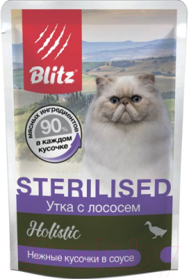 Влажный корм для кошек Blitz Pets Holistic Sterilised Утка с лососем Нежные кусочки в соусе / 4114 - фото