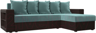 Диван угловой Лига Диванов Дубай лайт правый / 114157 (велюр бирюзовый/экокожа коричневый) - фото