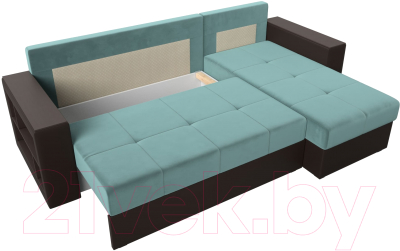 Диван угловой Лига Диванов Дубай лайт правый / 114157 (велюр бирюзовый/экокожа коричневый)