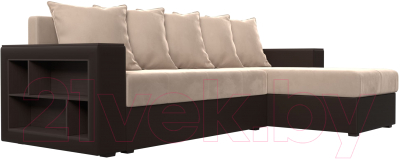 Диван угловой Лига Диванов Дубай лайт правый / 114159 (велюр бежевый/экокожа коричневый)