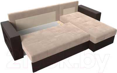 Диван угловой Лига Диванов Дубай лайт правый / 114159 (велюр бежевый/экокожа коричневый)