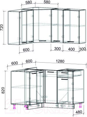 Кухонный гарнитур Интерлиния Мила Лайт 1.2x1.3 без столешницы (белый платинум/дуб серый)