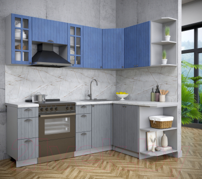 Кухонный гарнитур Интерлиния Берес 1.5x2.2 правая (дуб лазурный/дуб серый/серый каспий)