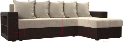 Диван угловой Лига Диванов Дубай лайт правый / 114182 (микровельвет бежевый/экокожа коричневый) - фото