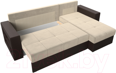 Диван угловой Лига Диванов Дубай лайт правый / 114182 (микровельвет бежевый/экокожа коричневый)