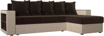 Диван угловой Лига Диванов Дубай лайт правый / 114183 (микровельвет коричневый/экокожа бежевый) - фото