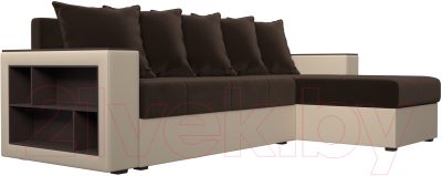 Диван угловой Лига Диванов Дубай лайт правый / 114183 (микровельвет коричневый/экокожа бежевый)
