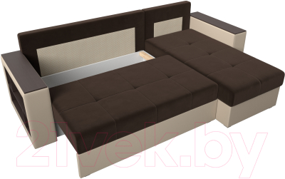 Диван угловой Лига Диванов Дубай лайт правый / 114183 (микровельвет коричневый/экокожа бежевый)