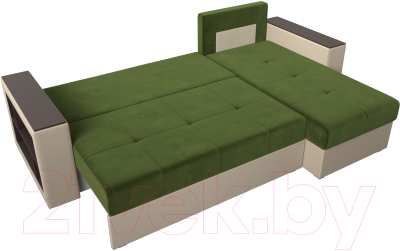 Диван угловой Лига Диванов Дубай лайт правый / 114186 (микровельвет зеленый/экокожа бежевый)