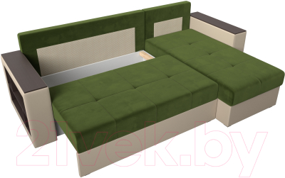 Диван угловой Лига Диванов Дубай лайт правый / 114186 (микровельвет зеленый/экокожа бежевый)
