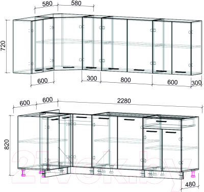 Кухонный гарнитур Интерлиния Мила Лайт 1.2x2.3 без столешницы