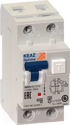 Дифференциальный автомат КЭАЗ OptiDin D63 2P (1P+N) C 10А 30мА тип A 6кА УХЛ4 / 103506 - фото