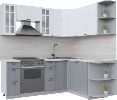 Кухонный гарнитур Интерлиния Берес 1.7x2.1 правая (дуб полярный/дуб серый/травертин серый) - фото