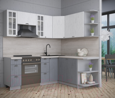 Кухонный гарнитур Интерлиния Берес 1.7x2.1 правая (дуб полярный/дуб серый/травертин серый)