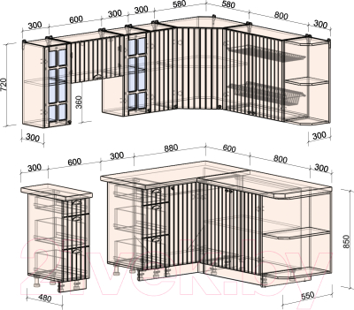 Кухонный гарнитур Интерлиния Берес 1.7x2.1 правая (дуб полярный/дуб серый/травертин серый)