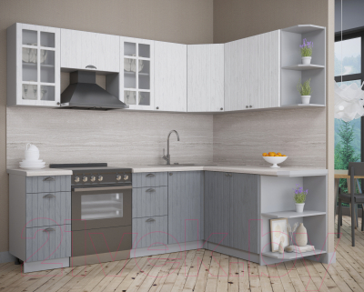 Кухонный гарнитур Интерлиния Берес 1.7x2.4 правая (дуб полярный/дуб серый/травертин серый)