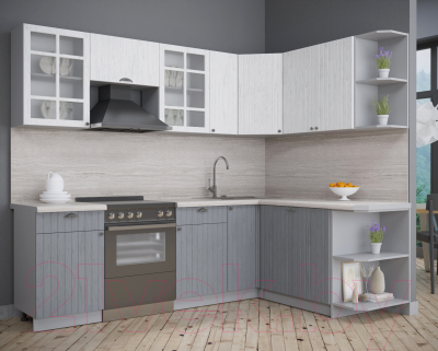 Кухонный гарнитур Интерлиния Берес 1.7x2.5 правая (дуб полярный/дуб серый/травертин серый)