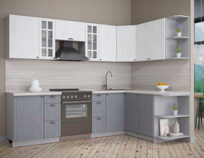 Кухонный гарнитур Интерлиния Берес 1.7x2.7 правая (дуб полярный/дуб серый/травертин серый)