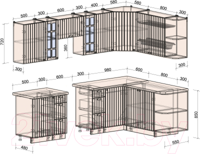 Кухонный гарнитур Интерлиния Берес 1.7x2.7 правая (дуб полярный/дуб серый/травертин серый)