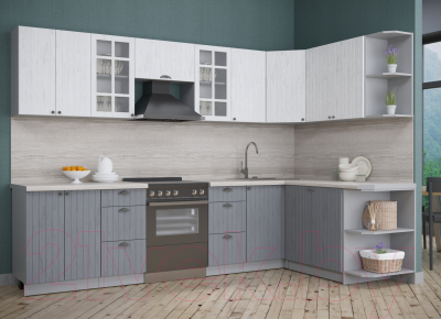 Кухонный гарнитур Интерлиния Берес 1.7x3.0 правая (дуб полярный/дуб серый/травертин серый)