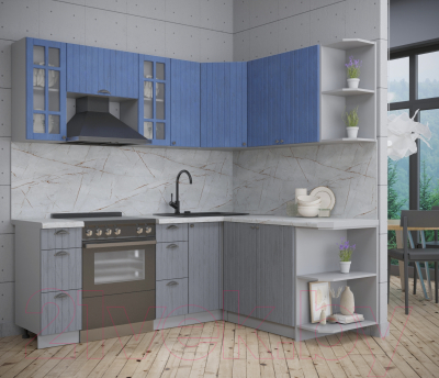 Кухонный гарнитур Интерлиния Берес 1.7x2.1 правая (дуб лазурный/дуб серый/серый каспий)
