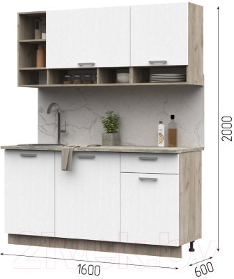 Кухонный гарнитур Стендмебель Рица 1.6 (белый текстура/дуб крафт серый)