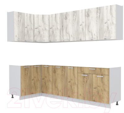 Кухонный гарнитур Интерлиния Мила Лайт 1.2x2.6 без столешницы (дуб белый/дуб золотой) - фото