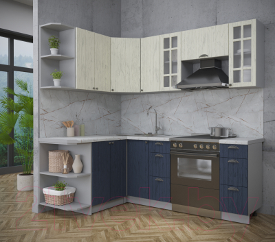 Кухонный гарнитур Интерлиния Берес 1.5x2.1 левая (дуб снежный/дуб королевский/серый каспий)