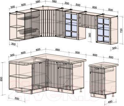 Кухонный гарнитур Интерлиния Берес 1.5x2.5 левая (дуб снежный/дуб королевский/серый каспий)