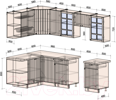 Кухонный гарнитур Интерлиния Берес 1.5x2.6 левая (дуб снежный/дуб королевский/серый каспий)