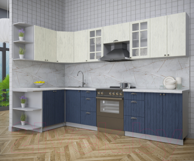 Кухонный гарнитур Интерлиния Берес 1.5x3.0 левая (дуб снежный/дуб королевский/серый каспий)