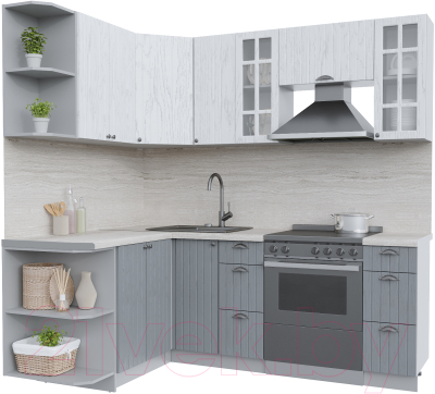 Кухонный гарнитур Интерлиния Берес 1.5x2.1 левая (дуб полярный/дуб серый/травертин серый) - фото