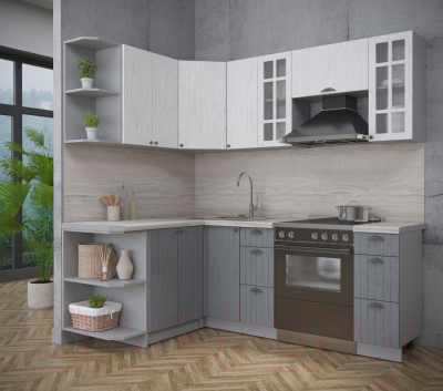 Кухонный гарнитур Интерлиния Берес 1.5x2.1 левая (дуб полярный/дуб серый/травертин серый)