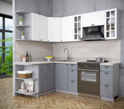 Кухонный гарнитур Интерлиния Берес 1.5x2.2 левая (дуб полярный/дуб серый/травертин серый)