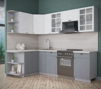 Кухонный гарнитур Интерлиния Берес 1.5x2.5 левая (дуб полярный/дуб серый/травертин серый)