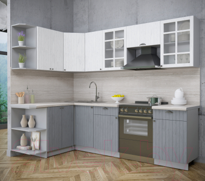 Кухонный гарнитур Интерлиния Берес 1.5x2.6 левая (дуб полярный/дуб серый/травертин серый)