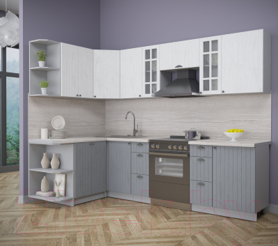 Кухонный гарнитур Интерлиния Берес 1.5x2.7 левая (дуб полярный/дуб серый/травертин серый)