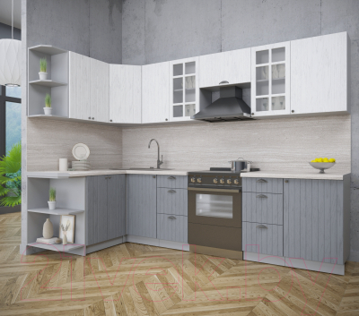 Кухонный гарнитур Интерлиния Берес 1.5x2.9 левая (дуб полярный/дуб серый/травертин серый)