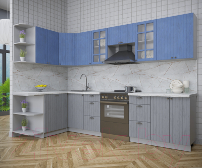 Кухонный гарнитур Интерлиния Берес 1.5x3.0 левая (дуб лазурный/дуб серый/серый каспий)