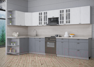 Кухонный гарнитур Интерлиния Берес 1.5x3.6 левая (дуб полярный/дуб серый/травертин серый)