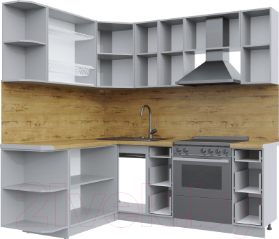 Кухонный гарнитур Интерлиния Берес 1.7x2.1 левая (дуб полярный/дуб серый/травертин серый)